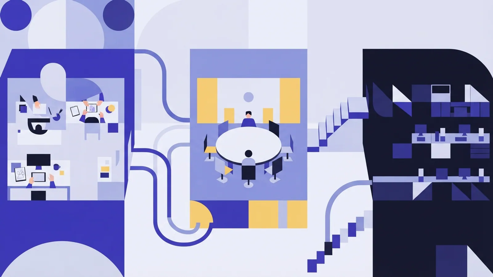 A cutaway view of an office with interconnected geometric blocks.