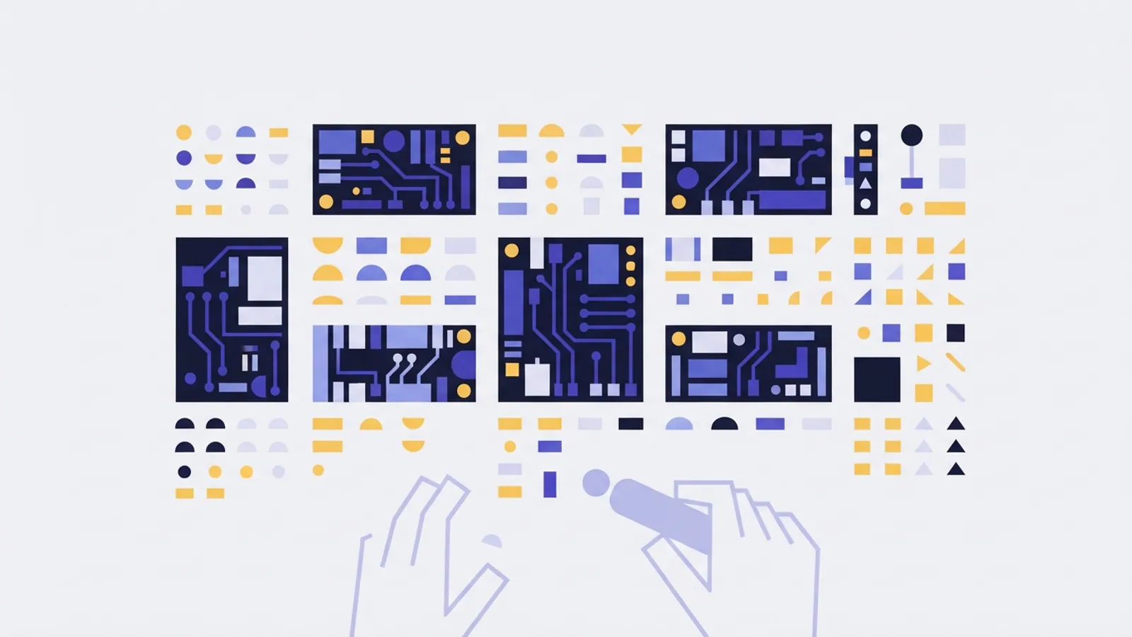 An overhead view of circuit board segments and tiny geometric components.