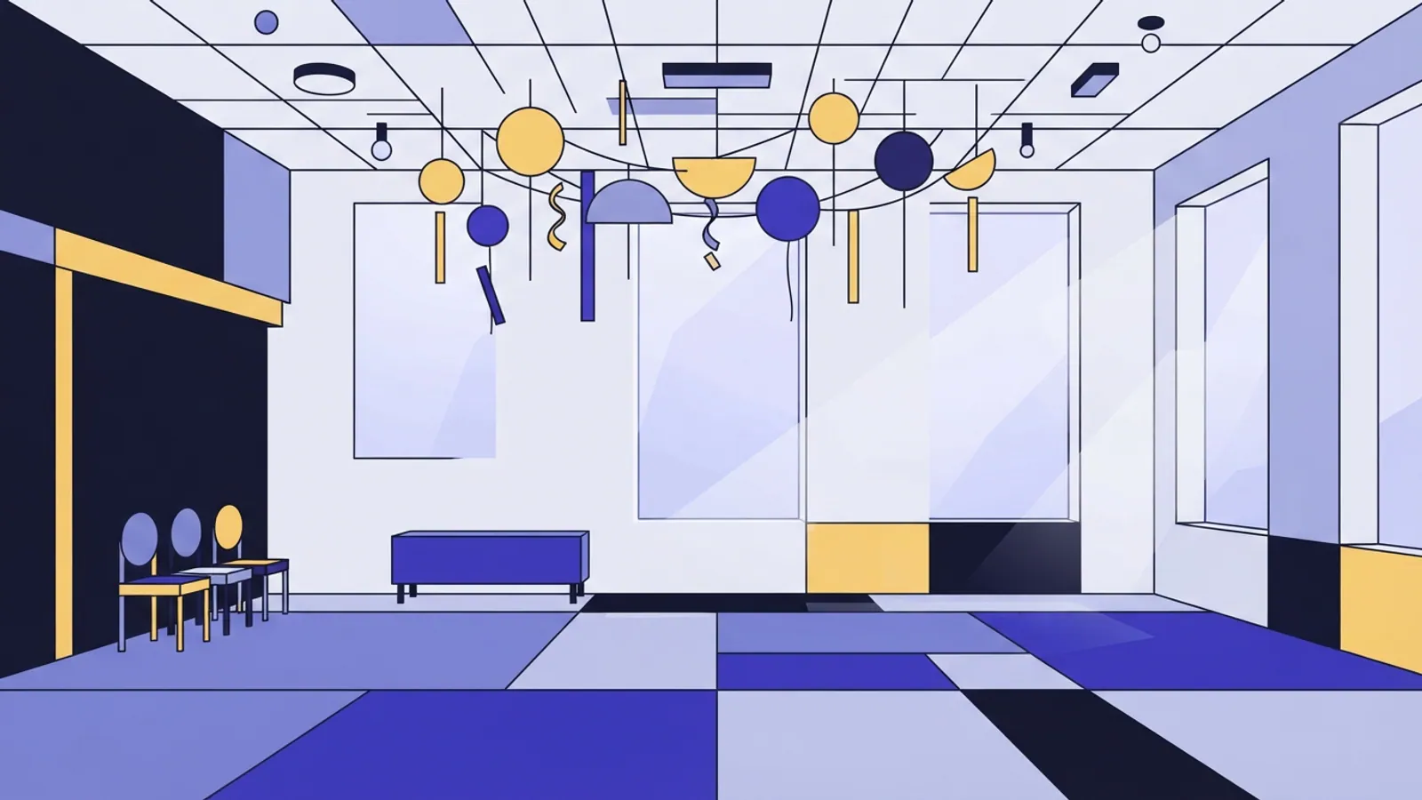An empty function room with geometric shapes hanging from the ceiling.