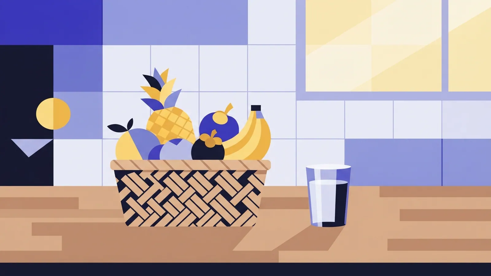 A basket of tropical fruits and a glass of water on a kitchen counter.