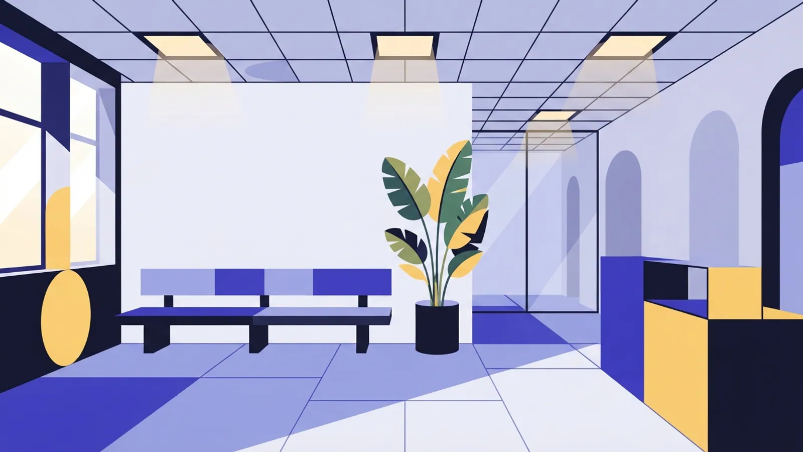 An empty office reception area with a plain bench and a tropical plant.