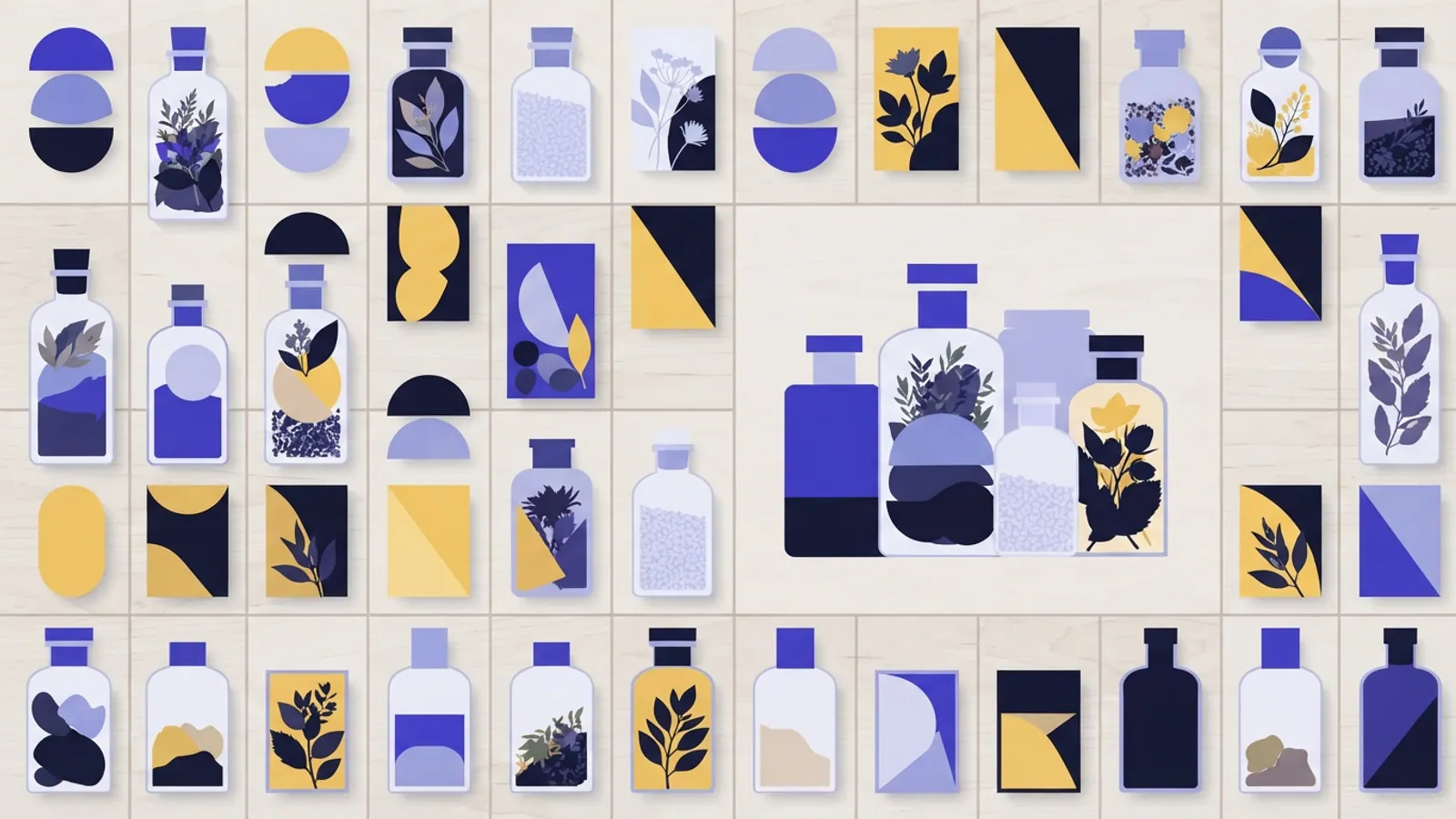 Plain glass bottles and boxes of dry botanicals on a light wooden surface.