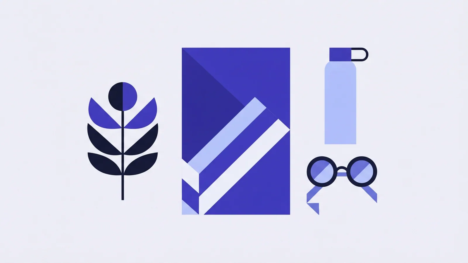 Abstract shapes representing a leaf, a rectangular object, a bottle, and glasses on a pale surface.