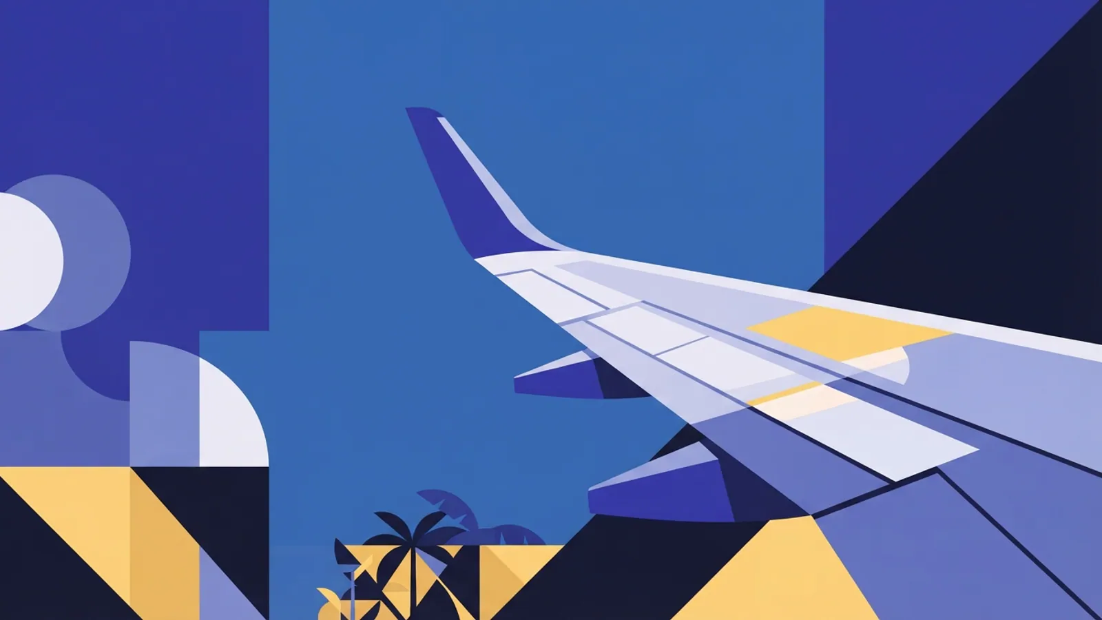 A wide, low-angle view of an aircraft wing against a clear sky with tropical foliage.