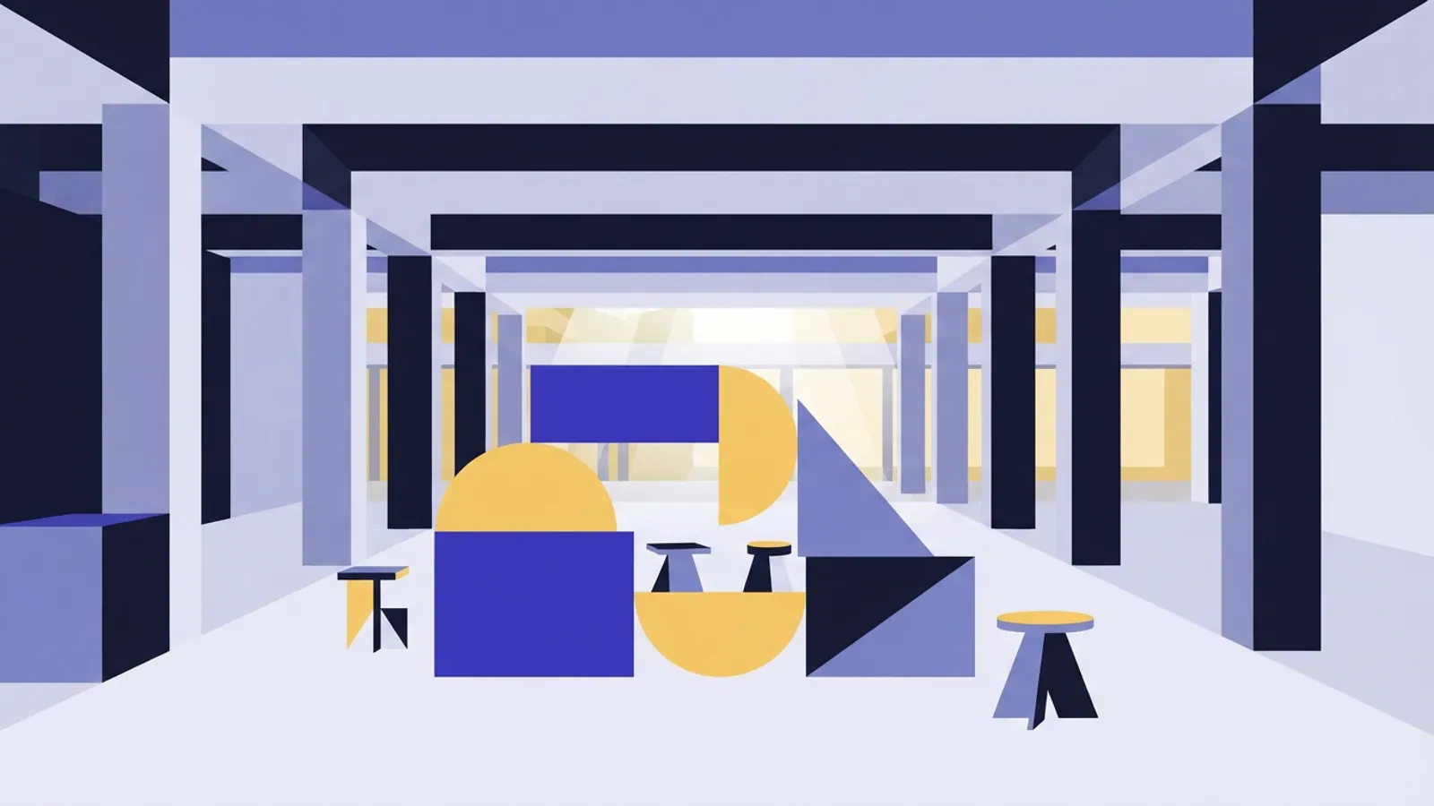 An empty abstract space with large geometric shapes in blue and yellow on the floor.