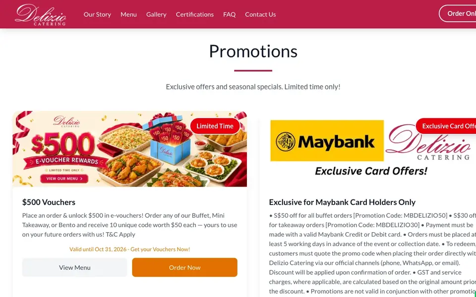 Delizio Catering website homepage, 4 Oct 2026