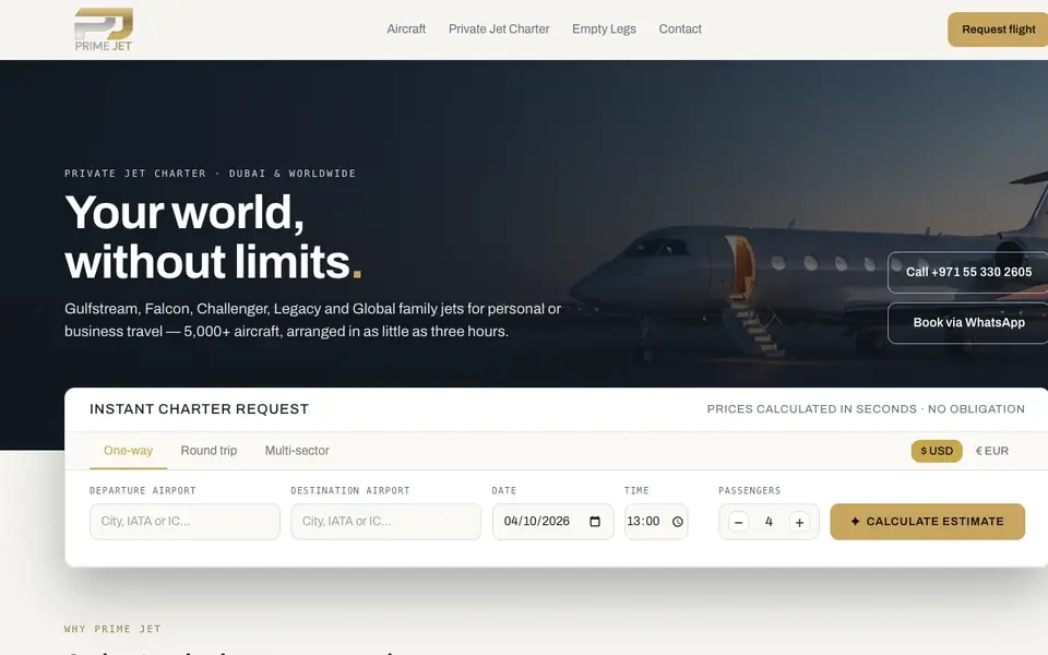 Prime Jet Services website homepage, 4 Oct 2026
