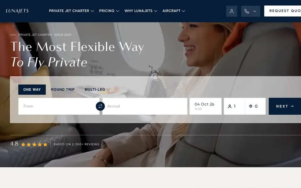 LunaJets website homepage, 4 Oct 2026